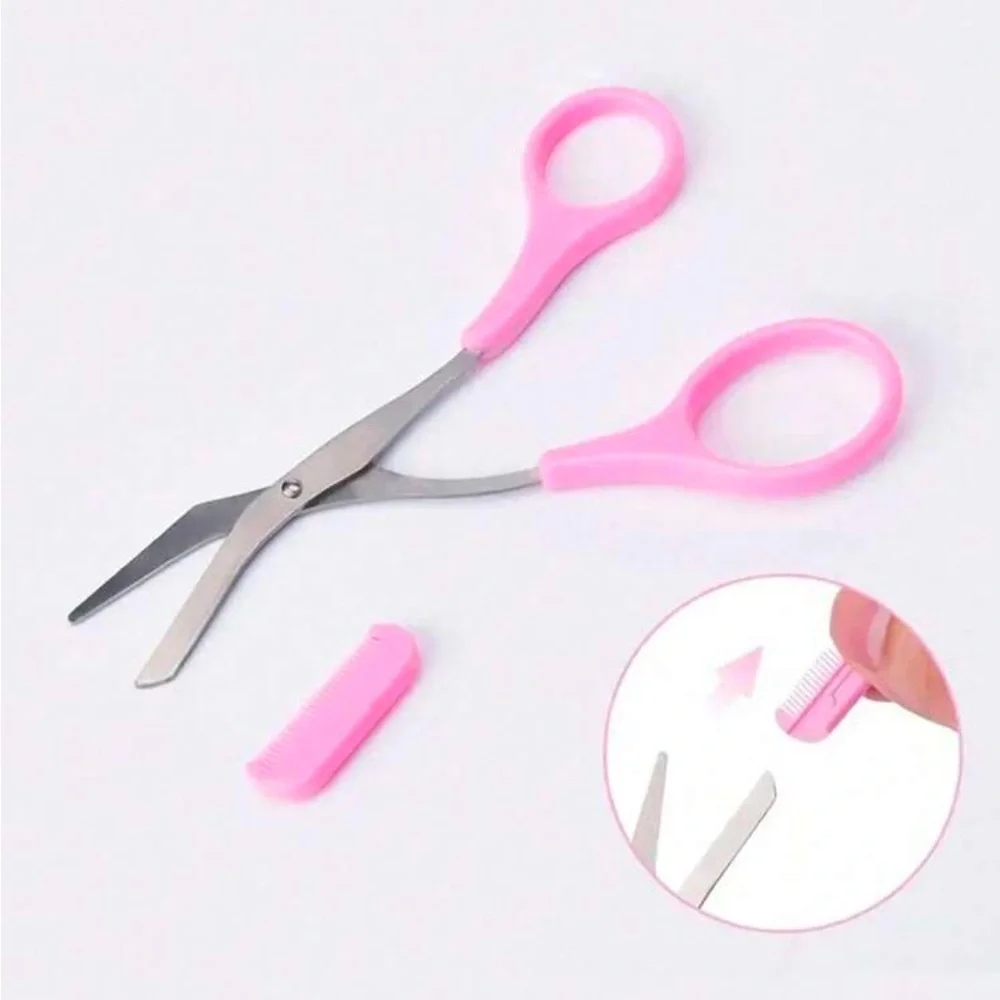 Pink Stainless Steel Eyebrow Scissors with Comb Attachment